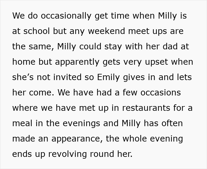 Text discussing a woman often bringing her child to adult-only events despite group preferences. Text discussing a woman often bringing her child to adult-only events despite group preferences.
