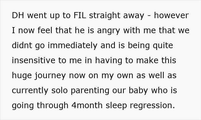 Text discussing husband's anger as wife prioritizes baby's health over MIL's funeral. Text discussing husband's anger as wife prioritizes baby's health over MIL's funeral.