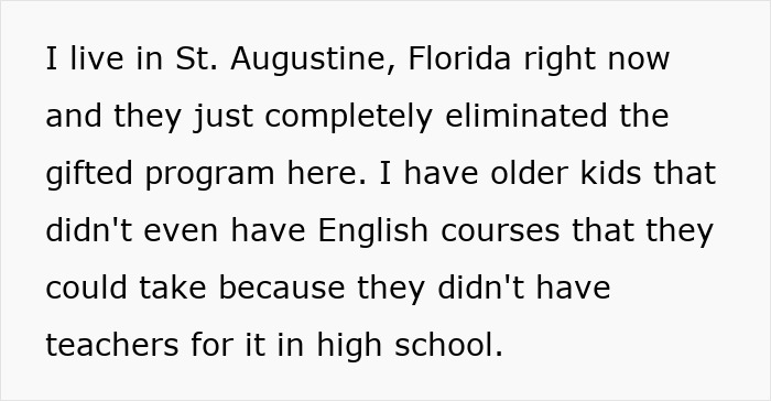 Reasons for moving to a blue state: education issues in Florida, such as cutting gifted programs and lack of English courses. Reasons for moving to a blue state: education issues in Florida, such as cutting gifted programs and lack of English courses.