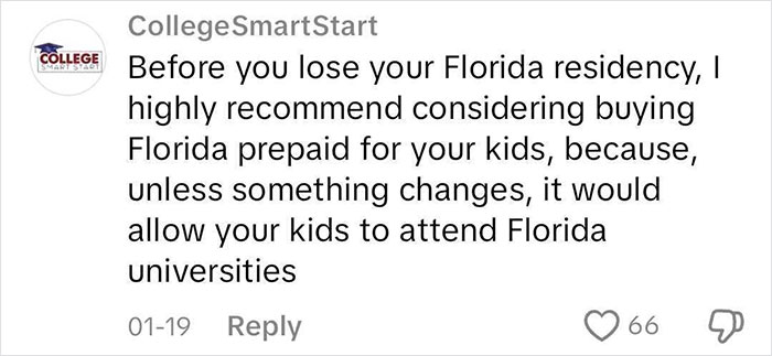 Comment advising on Florida prepaid tuition as a reason for moving to a blue state. Comment advising on Florida prepaid tuition as a reason for moving to a blue state.