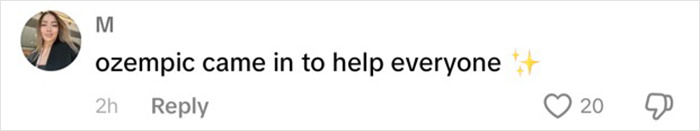 Comment on Ozempic's impact with user reactions, stating "Ozempic came in to help everyone" alongside engagement icons. Comment on Ozempic's impact with user reactions, stating "Ozempic came in to help everyone" alongside engagement icons.