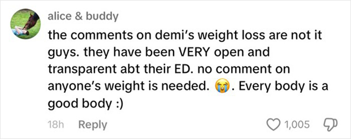 Comment discussing Demi Lovato's weight loss, emphasizing transparency and body positivity. Comment discussing Demi Lovato's weight loss, emphasizing transparency and body positivity.