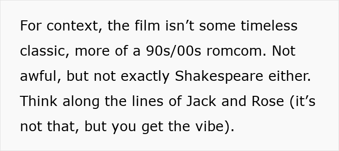 Text discussing a 90s romantic comedy film, referencing iconic couple names similar to Jack and Rose. Text discussing a 90s romantic comedy film, referencing iconic couple names similar to Jack and Rose.