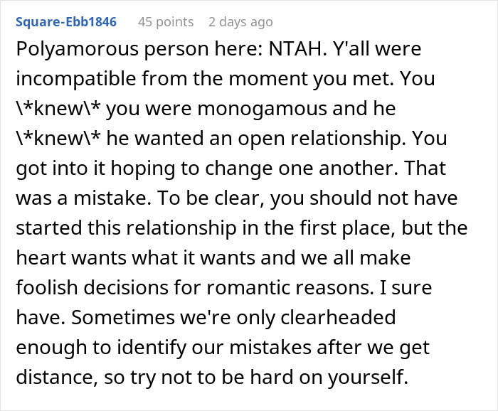 Comment on relationship mismatch due to open relationship request, leading to breakup. Comment on relationship mismatch due to open relationship request, leading to breakup.