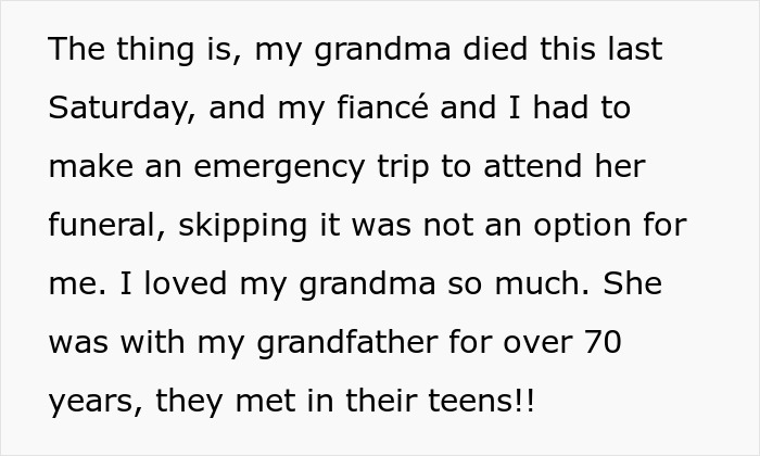 Text about a last-minute trip to grandmother's funeral, impacting wedding invitations expectations. Text about a last-minute trip to grandmother's funeral, impacting wedding invitations expectations.