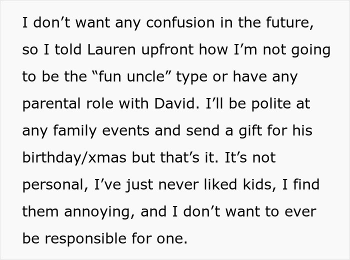Text expressing a refusal to take on a parental role with a nephew. Text expressing a refusal to take on a parental role with a nephew.
