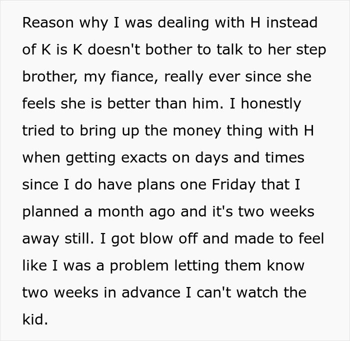 Text from a conversation about babysitting, family issues, and low pay expectations. Text from a conversation about babysitting, family issues, and low pay expectations.