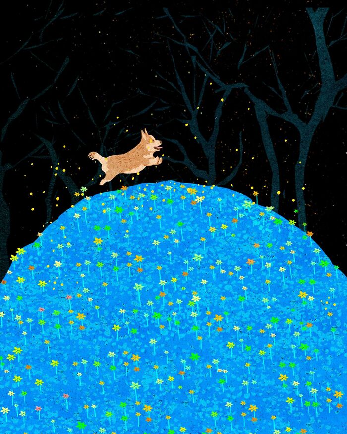 Dog running over a hill of blue flowers under a starry night, illustrating serene solitude by Vietnamese artist.