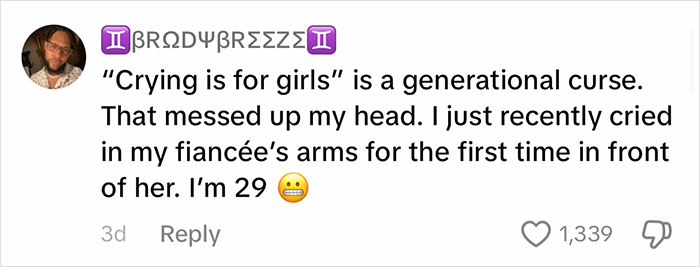 Man critiques 'Big Boys Don’t Cry' parenting, shares emotional revelation at 29 in social media post. Man critiques 'Big Boys Don’t Cry' parenting, shares emotional revelation at 29 in social media post.