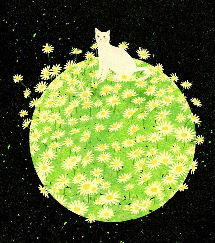 A serene illustration by a Vietnamese artist featuring a white cat on a daisy-covered hill under a starry sky.