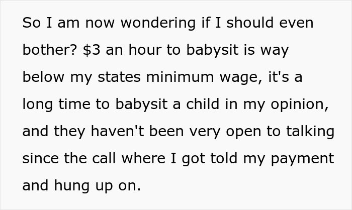 Text questioning babysitting for $3 an hour, noting it's below minimum wage and communication issues with family. Text questioning babysitting for $3 an hour, noting it's below minimum wage and communication issues with family.
