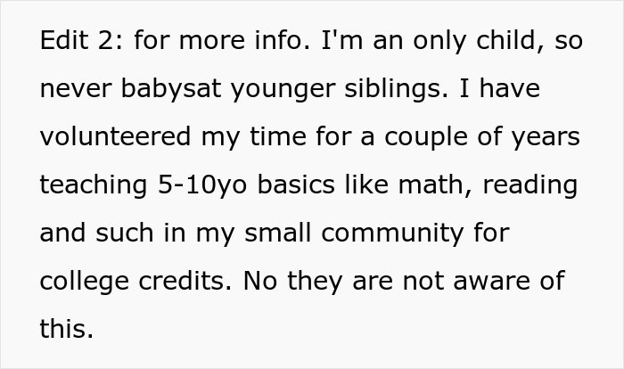 Text discussing babysitting experience and volunteering in a community. Text discussing babysitting experience and volunteering in a community.
