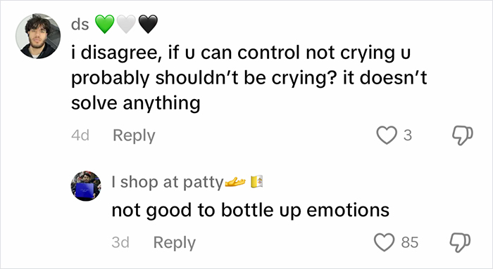 Comments discussing "Big Boys Don’t Cry" parenting and emotional expression. Comments discussing "Big Boys Don’t Cry" parenting and emotional expression.