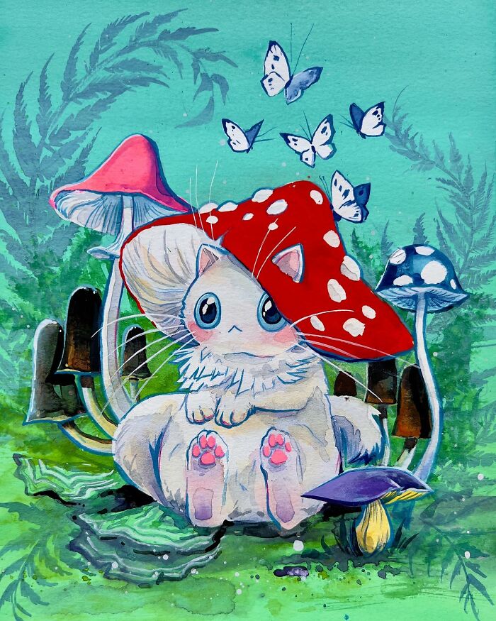 Whimsical painting of a cat under a red mushroom, surrounded by other mushrooms and butterflies, showcasing dream-like art style.