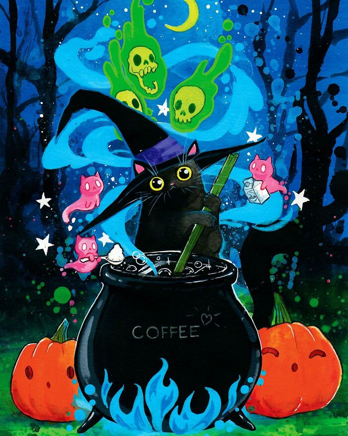 Whimsical painting of a black cat in a witch hat stirring a cauldron labeled "coffee," surrounded by pumpkins and colorful spirits.
