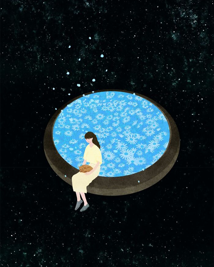 Vietnamese artist's serene illustration of a woman in solitude, sitting on a floral-patterned circle against a starry background.