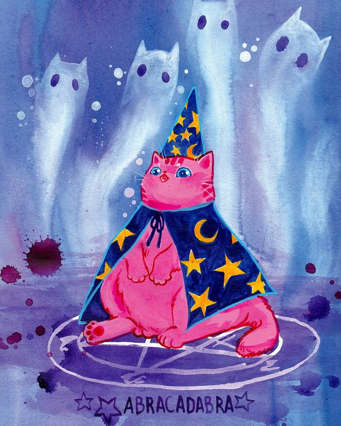 A dream-like painting of a whimsical pink cat in a wizard costume surrounded by ghostly figures.