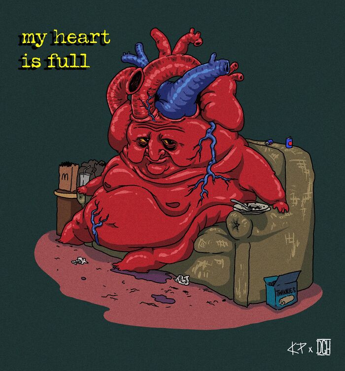 Uncomfortably funny illustration of a tired heart lounging on a couch, surrounded by snacks and trash.