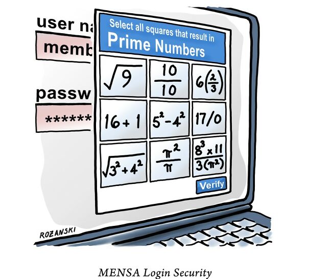 Cartoon of MENSA login screen with a prime numbers quiz for security verification.