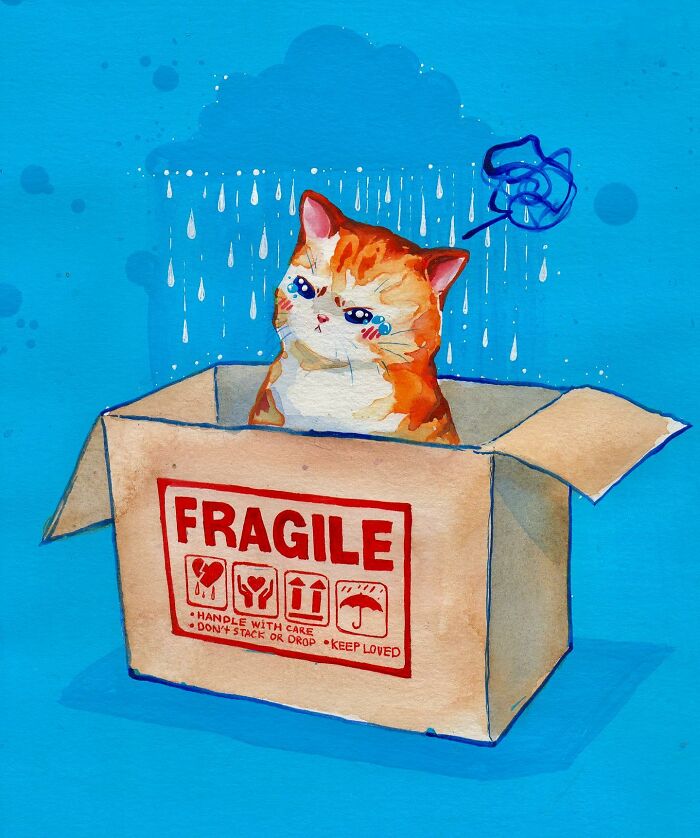 Whimsical painting of a sad cat in a "FRAGILE" box, under a rain cloud, showcasing dream-like artistry.