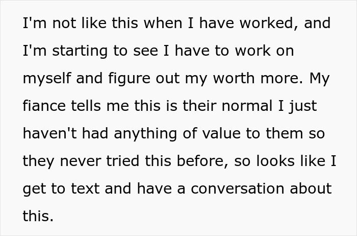 Text from a woman reflecting on self-worth and discussing family expectations. Text from a woman reflecting on self-worth and discussing family expectations.