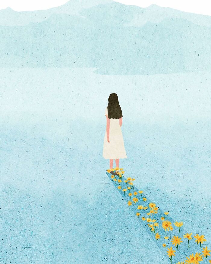 A serene illustration by Vietnamese artist shows a woman in a white dress standing on a path of yellow flowers.