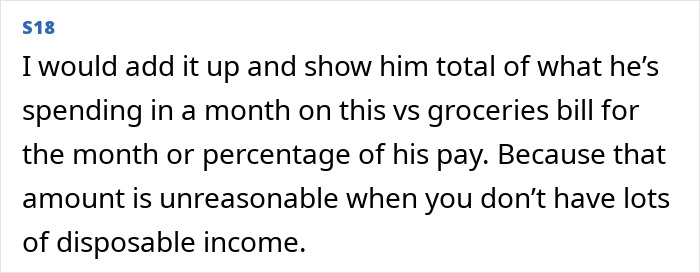 Text discussing husband's lunch and coffee spending compared to groceries. Text discussing husband's lunch and coffee spending compared to groceries.