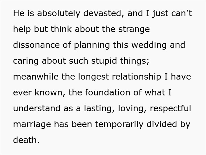 Text discussing emotions about wedding planning and the dissonance with deeper relationships. Text discussing emotions about wedding planning and the dissonance with deeper relationships.
