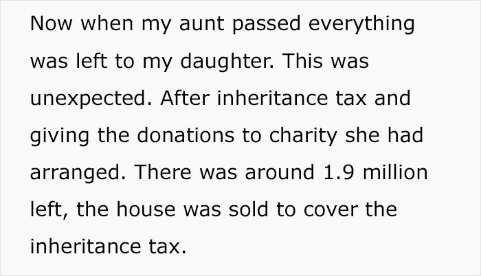 Text image discussing a woman's fortune left to niece, detailing inheritance tax and charity donations, leaving 1.9 million. Text image discussing a woman's fortune left to niece, detailing inheritance tax and charity donations, leaving 1.9 million.
