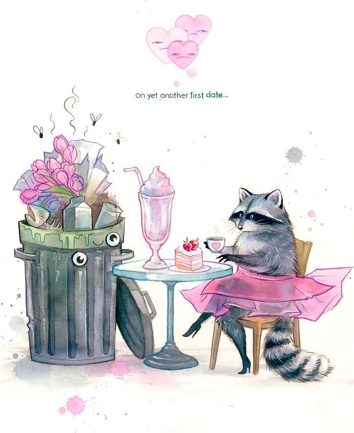 Dream-like painting of a raccoon in a pink dress having tea with a trash can, conveying a playful scene.
