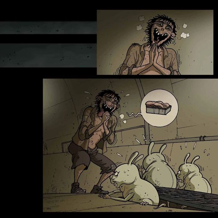 A creepy scene from DarkBox Comics: a distressed figure reacts to a swarm of trembling creatures. A creepy scene from DarkBox Comics: a distressed figure reacts to a swarm of trembling creatures.