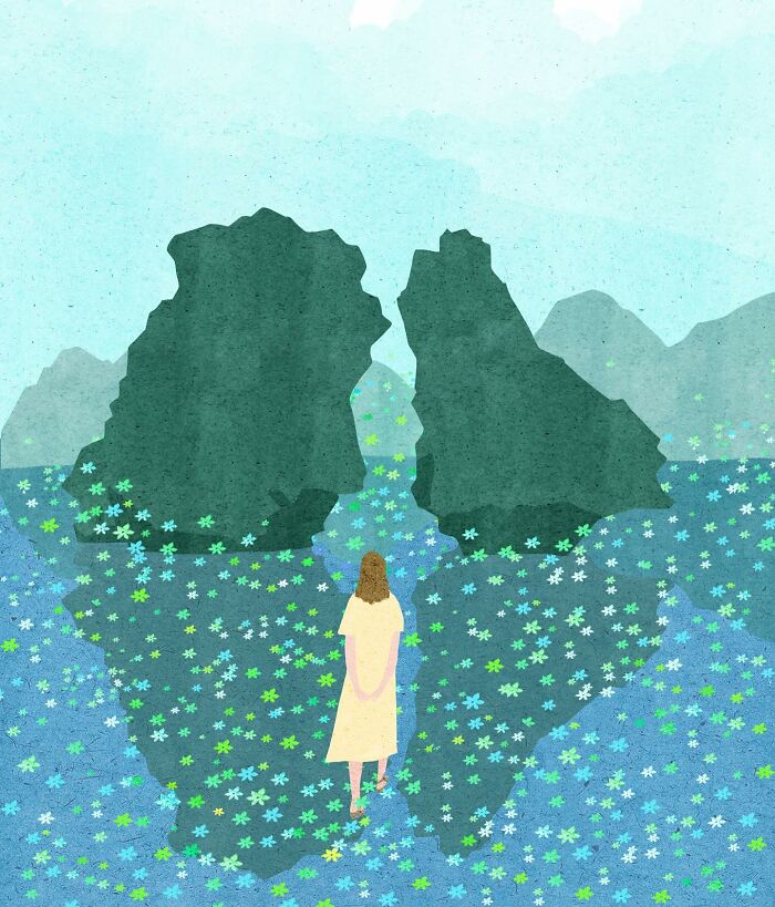 A serene illustration by Vietnamese artist showing a figure standing amidst flowers facing distant mountains.