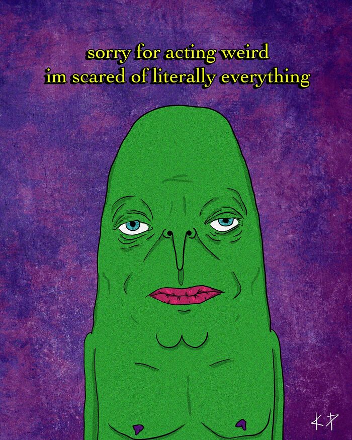 A green character with tired eyes and pink lips, captioned with humorous text about anxiety by Kissing Party.