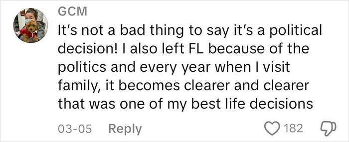 Comment on moving to a blue state, mentioning politics and life decisions, with a positive response count. Comment on moving to a blue state, mentioning politics and life decisions, with a positive response count.