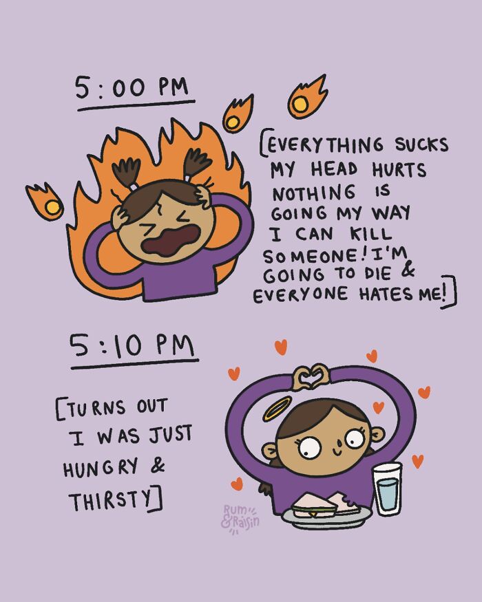 Cartoon illustrating personal experiences with anxiety, showing a tense woman at 5:00 PM and a calm, happy woman at 5:10 PM.