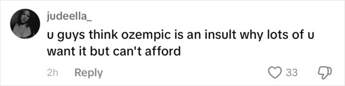 A social media comment discussing opinions on Ozempic affordability and perception. A social media comment discussing opinions on Ozempic affordability and perception.