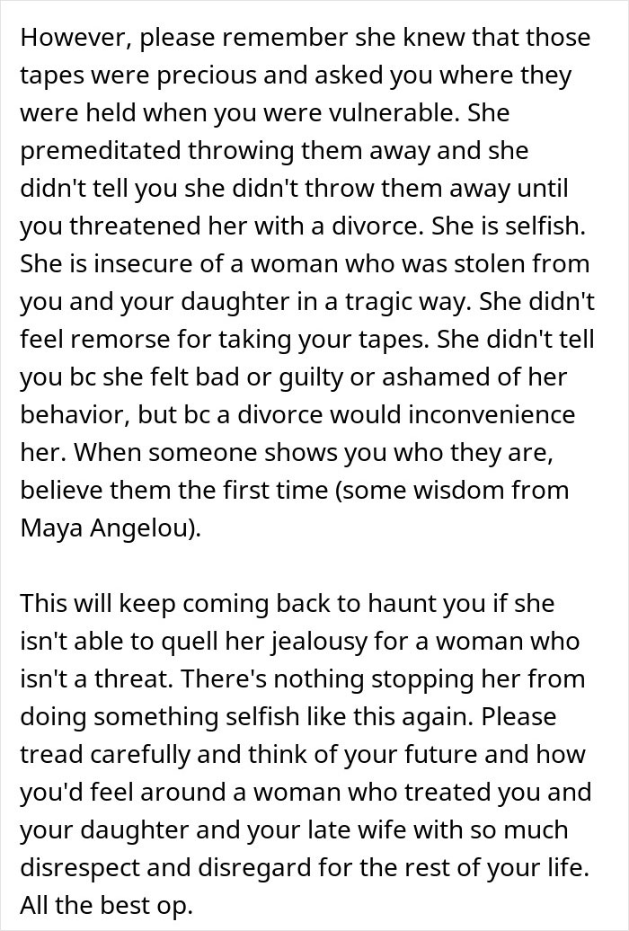 Text discussing the impact of a new wife's actions on a man's surprise for his daughter involving tapes of her late mother. Text discussing the impact of a new wife's actions on a man's surprise for his daughter involving tapes of her late mother.