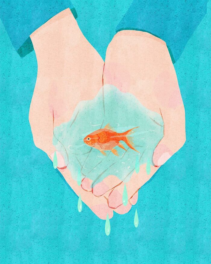 Illustration of hands gently holding a serene goldfish in water, created by a Vietnamese artist.