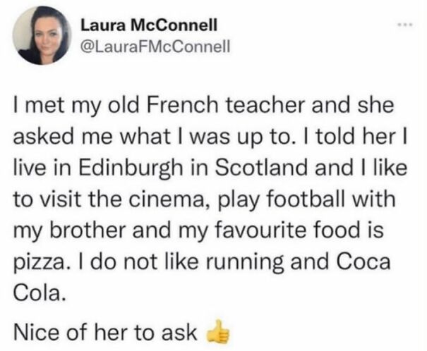Scottish humor post discussing life updates, preferences, and dislikes with a humorous twist.