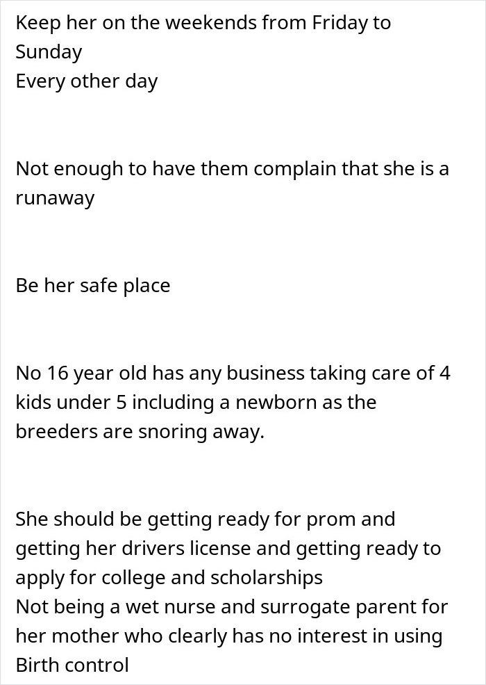 Text discussing custody, a teenager caring for siblings, and birth control concerns. Text discussing custody, a teenager caring for siblings, and birth control concerns.