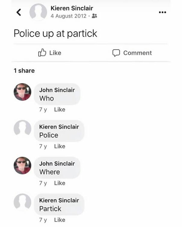 Scottish humor post with a funny exchange about police location in Partick on Facebook.