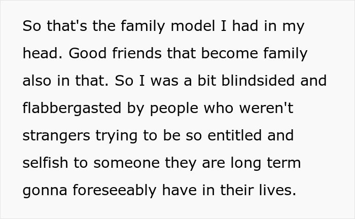 Text discussing family expectations and entitlement related to a babysitting request. Text discussing family expectations and entitlement related to a babysitting request.