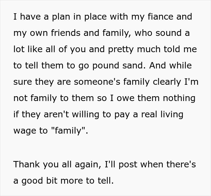 Text message about family and babysitting pay issues, emphasizing the importance of fair wages over familial obligation. Text message about family and babysitting pay issues, emphasizing the importance of fair wages over familial obligation.