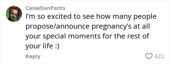 Comment reacting to a proposal at a wedding, expressing sarcastic excitement about future interruptions at special moments. Comment reacting to a proposal at a wedding, expressing sarcastic excitement about future interruptions at special moments.
