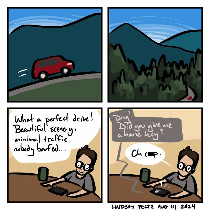 Comic of life's struggles: a perfect drive turns problematic as a text asks about a forgotten house key.