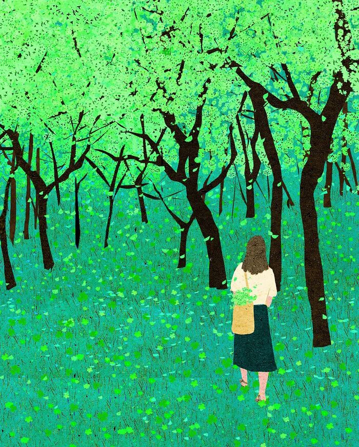 A serene illustration by Vietnamese artist, depicting a solitary figure in a lush green forest.