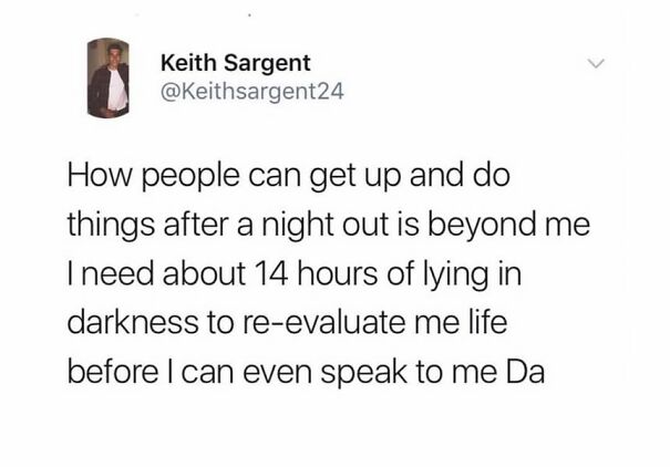 Scottish humor in a tweet about recovery time after a night out, needing hours to reflect before talking to family.