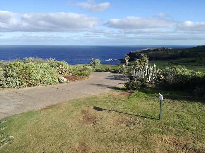 Breathtaking golf course overlooking the ocean with lush greenery and a clear sky.