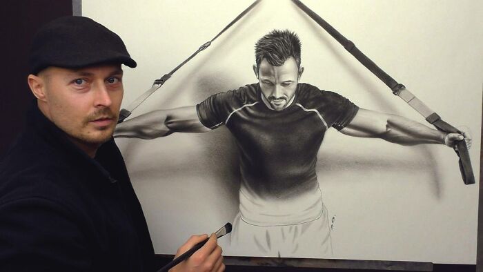 Professional artist creating a realistic 3D drawing of a man using straps, showcasing incredible artistic skills.