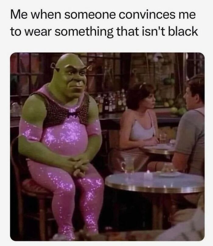 Green ogre in sparkly pink outfit, sitting at a bar, humorously captioned to highlight sarcasm and sass.